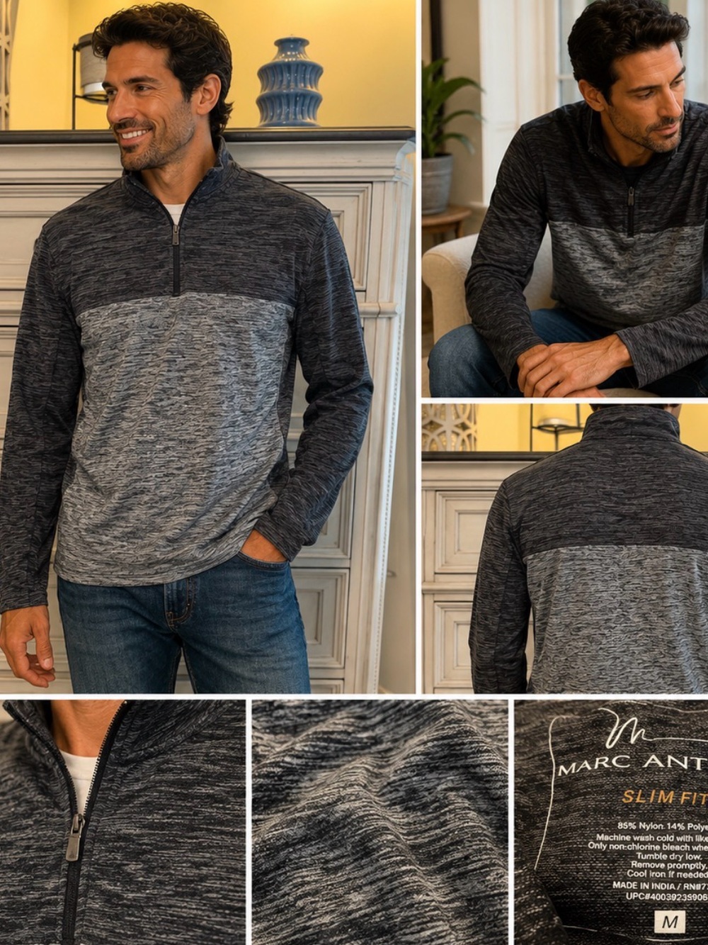 Marc Anthony Slim Fit Quarter-Zip Pullover Men's Medium Heather Gray / Charcoal